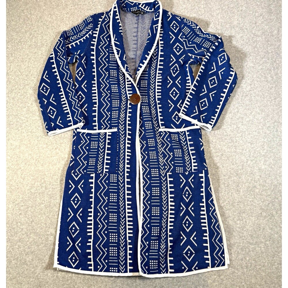Antthony Originals Duster Jacket Long Cardigan Blue White Southwestern Knit XS